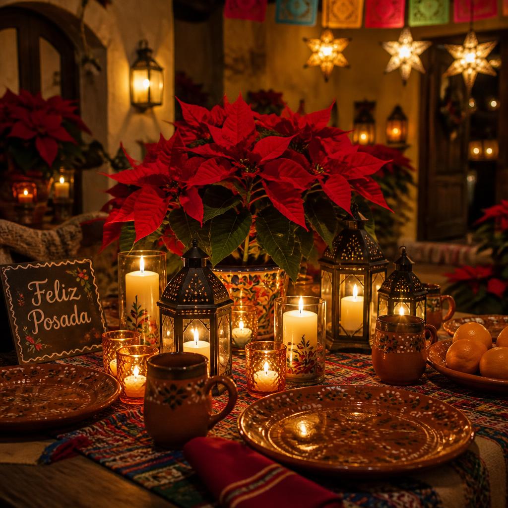 Mesa de posada con nochebuenas, farolitos y velas