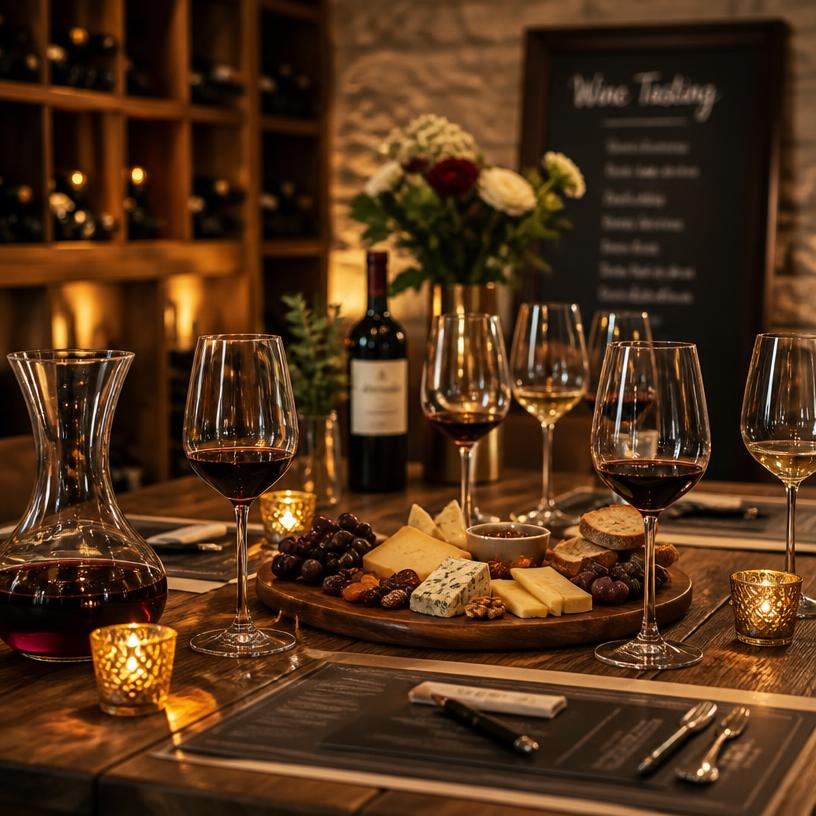 Cata de vino con quesos y copas