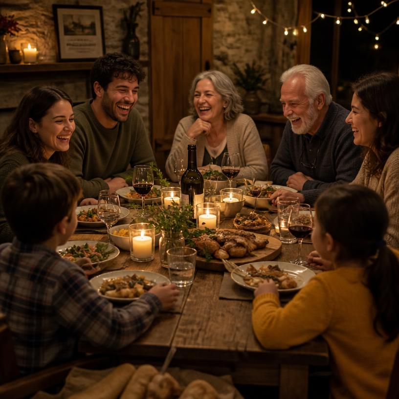 Reunión familiar alrededor de una mesa con velas